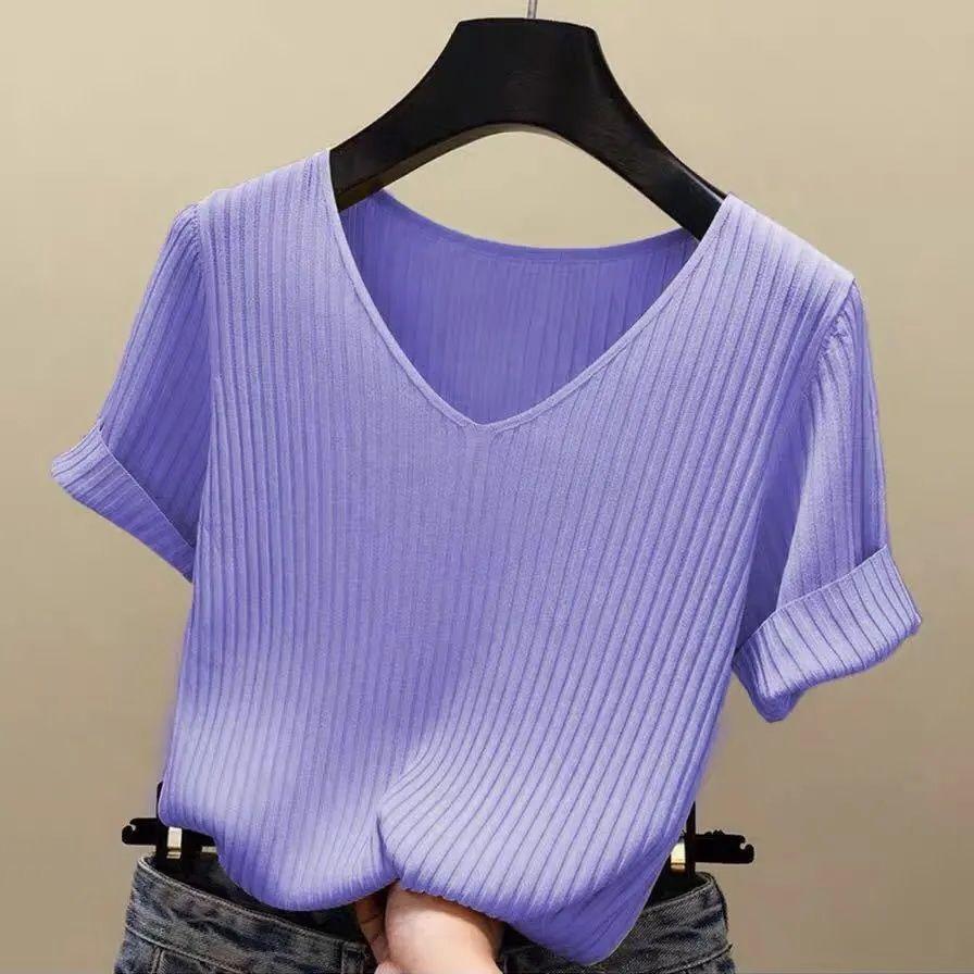 Kurzarm-T-Shirt Damen Sommer Koreanische Version Slim-Fit Halbarm V-Ausschnitt Gestricktes Unterteil Bluse Bluse Frau 2XL violett