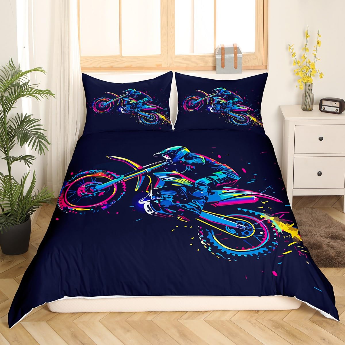 Dirtbike-Bettbezug, Twin, Motocross-Fahrer-Bettbezug, Extremsport-Bettwäscheset, cooles Motorrad-Bettwäscheset für Jungen und Erwachsene AU King(245x210cm)
