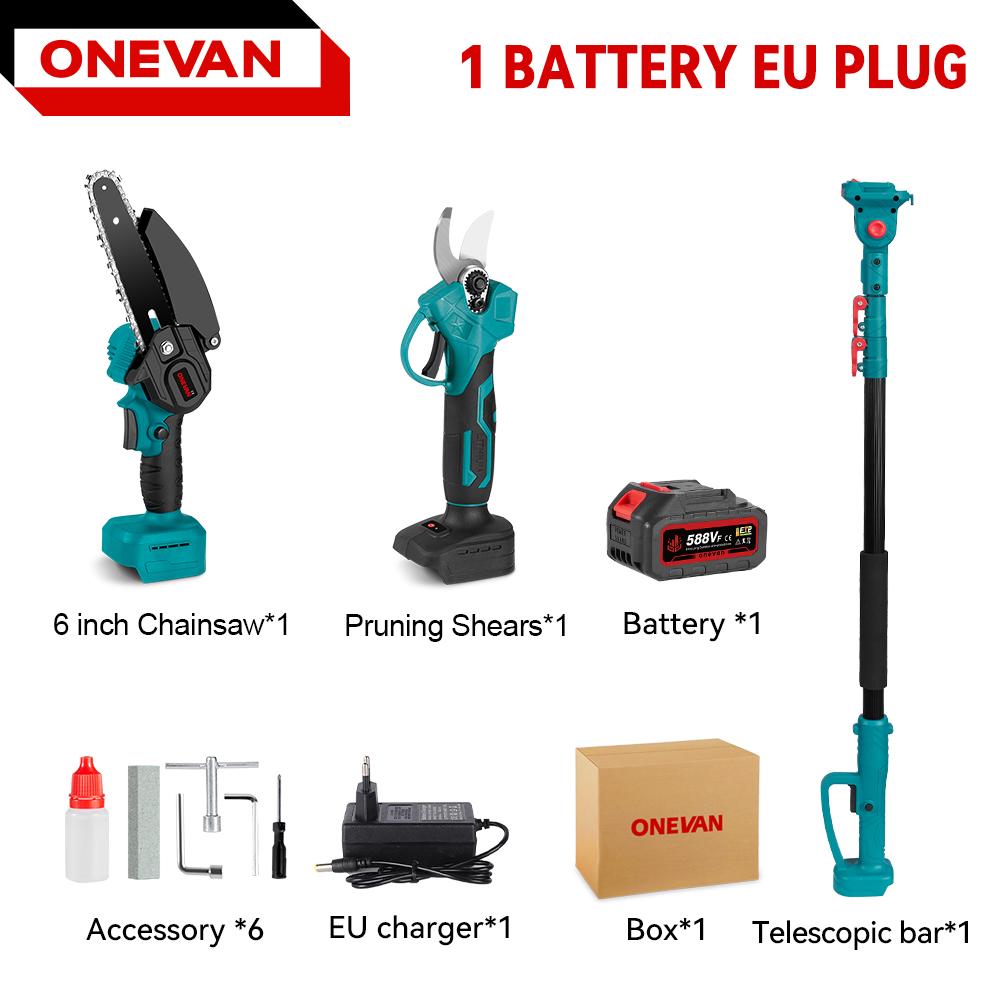 ONEVAN 3500W Bürstenlose Teleskopstange Elektrische Kettensäge 3 IN 1 Hochastschere Gartenbeschneidungswerkzeug Für Makita 18V Batterie 1 Battery EU Plug