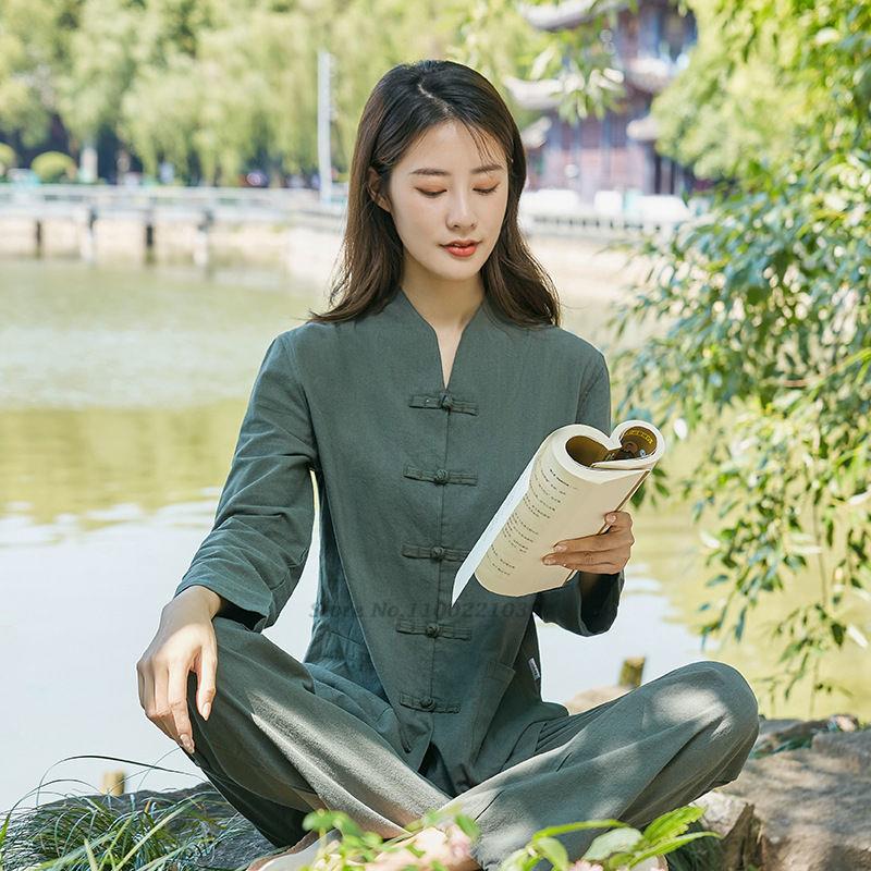 Chinesische Kung Fu Tai Chi Kleidung Kampfsport Wushu Uniform Baumwolle Oberteile+Hosen Set Tai Chi Yoga Sport Übungsanzug XS dunkelgrüne