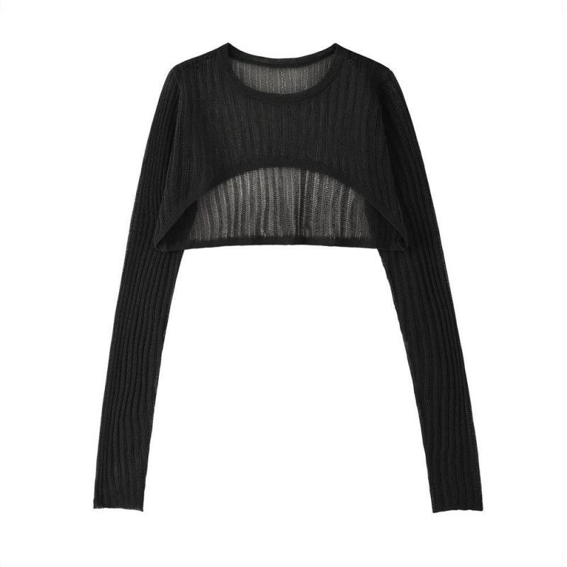 O Neck Langarm Stricken Hemd Frauen Pullover Sexy Aushöhlen Cropped Tops Sommer Casual Pullover Dünne Grundlegende Frau T Shirts S schwarz