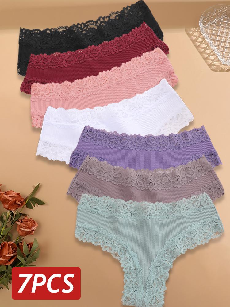 7 Stück/Set Damen Sexy Spitze Slips Nahtlose Baumwolle Brasilianische Slips Mädchen Atmungsaktive Sexy Niedrig geschnittene Unterwäsche Damen Weiche Lingerie XL&7Pcs white