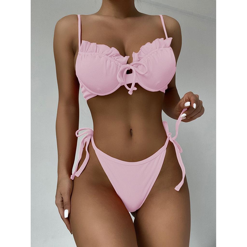 Frauen Bikini Push Up 5 Farben Badeanzug Weibliche Bademode Sexy Bikini Set Rüschen Biquini Micro Bikini Biquini Schwimmen Anzug Badeanzug M rosa