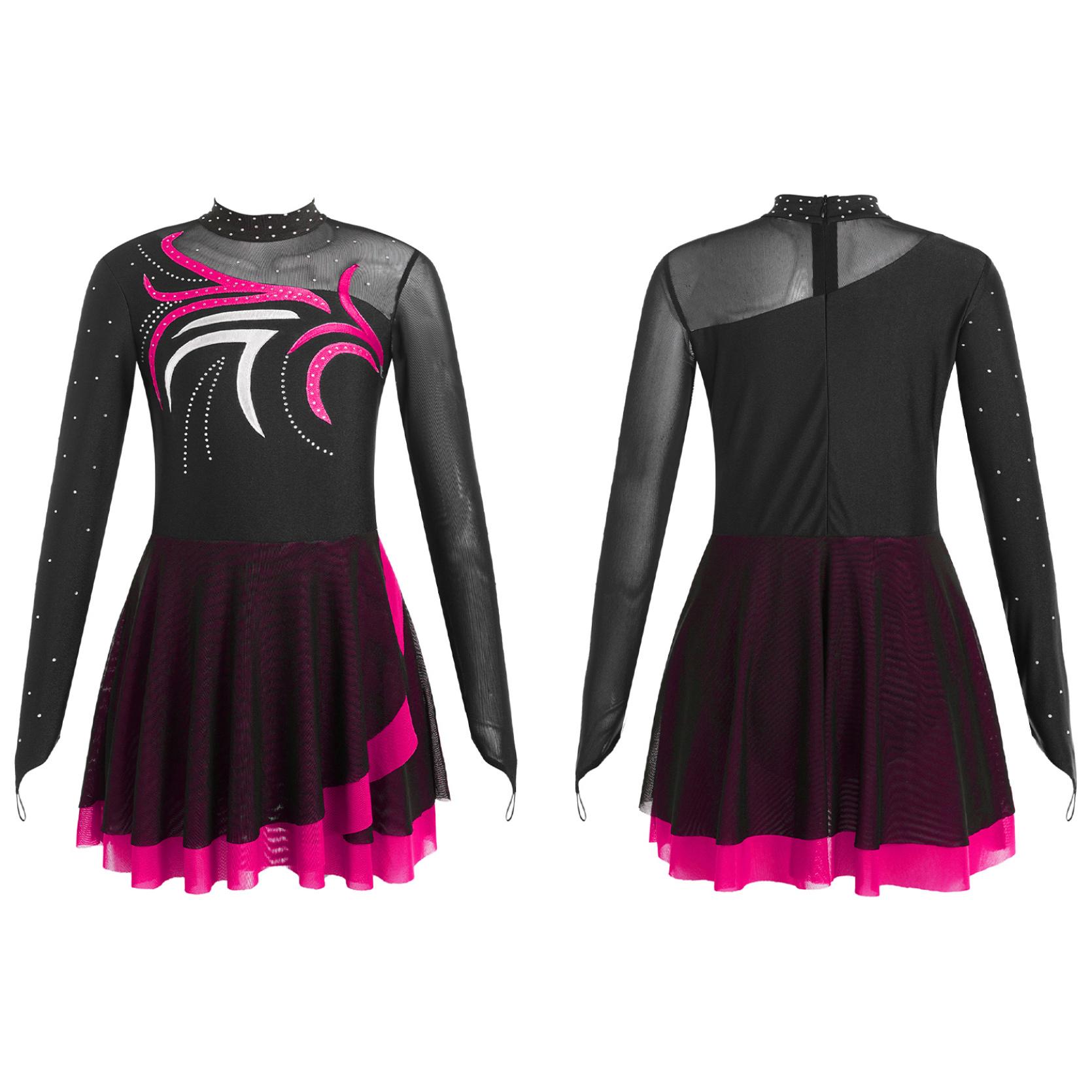 Kinder Mädchen Eiskunstlauf Tanz Performance Kleider Strass Mesh Patchwork Langarm Mock Neck Kleid Dancewear 13-14 Years heißes rosa