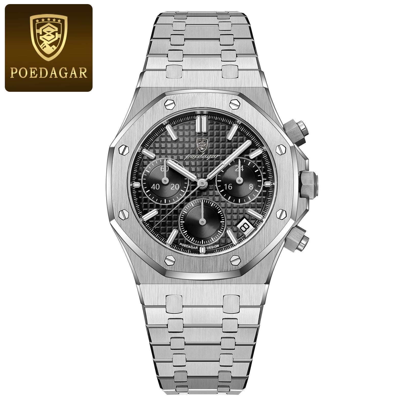 POEDAGAR Herrenuhren Feiner Stahl Modische Original-Quarzuhr für Männer Wasserdicht Leuchtende Datums-Chronograph Luxus-Armbanduhr schwarz/silber