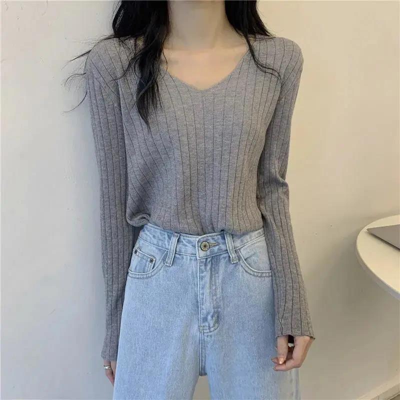 Pullover Damen Koreanischer Slim V-Ausschnitt Langärmliger Unterziehpullover Strickwaren Allround-Oberteile Pullover Rippstrick-Pullover M grau
