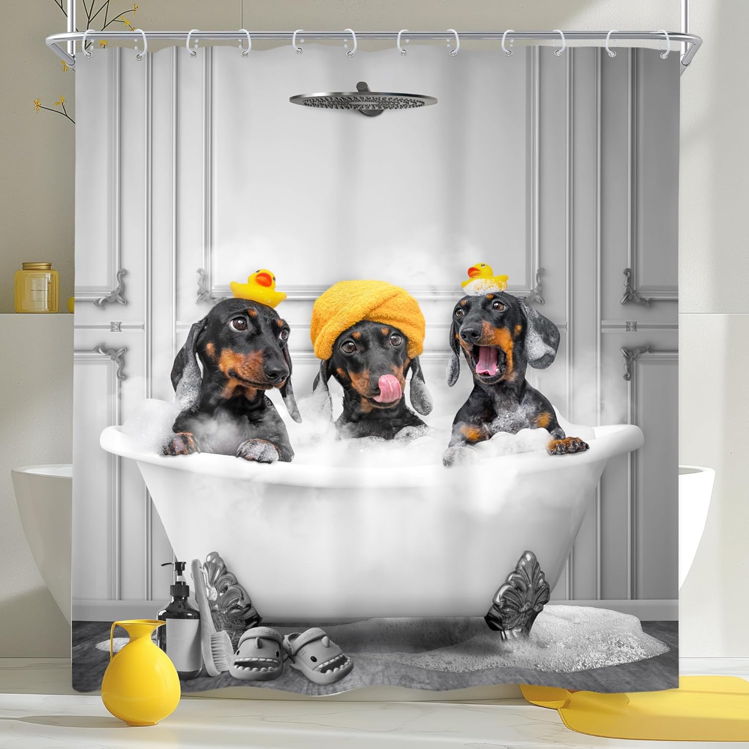 Lustige Hunde Duschvorhang 72Bx72H Zoll Dackel badet in Badewanne Niedliches Tier Welpe Haustier Urkomischer Duschvorhang Badezimmer-Set 90x180cm