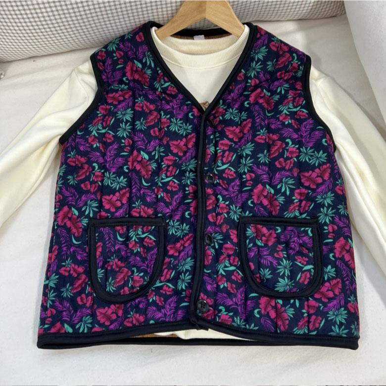 Fleecegefütterte Weste mit Blumenmuster („Kimjang-Weste / Retro Oma-Stil Weste“) 5 Purple Rosemary