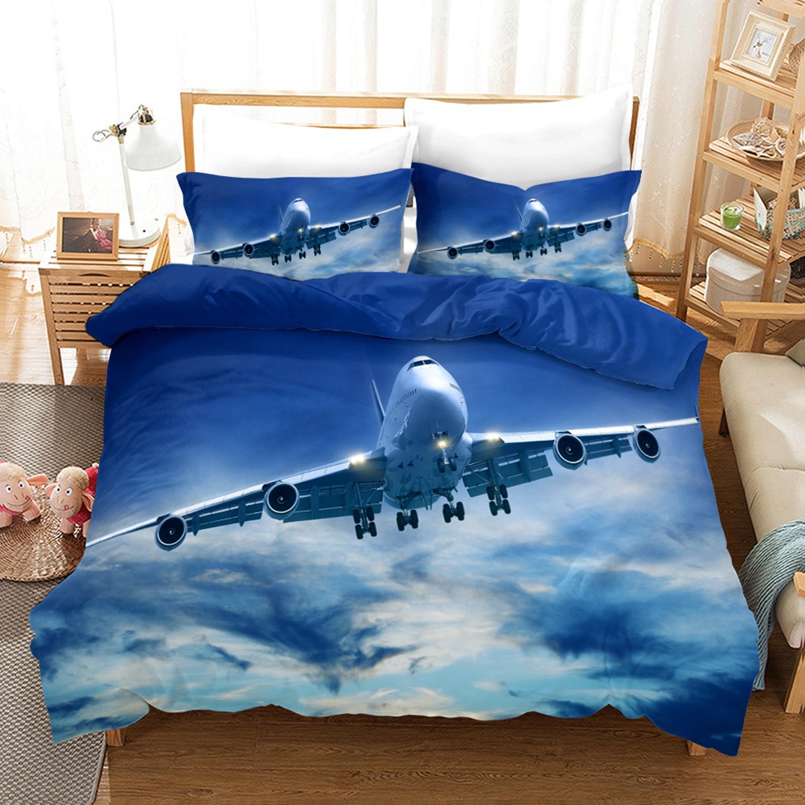 3D-Flugzeug-Bettwäsche-Set, Transport-Steppdecke und Kissenbezug, 2/3 Stück, AU180 x 210, Einzel-/Doppelbett, Weihnachtsgeschenk, Jungenzimmer, weiche Heimtextilien AU Single 140x210cm