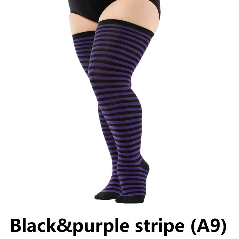 Elastische Overknee-Socken in Übergröße, übergroße, oberschenkelhohe Socken, lange Socken, XXXL, Damensocken, Beinwärmer Black&purple stripe (A9)