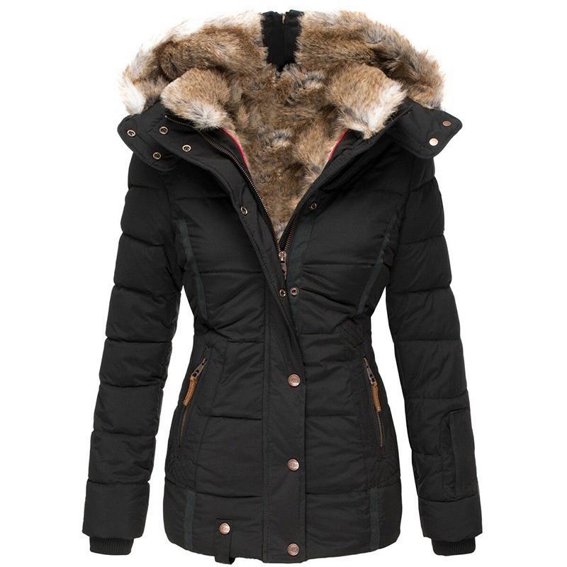 Winter Frauen Mode Mit Kapuze Mantel Faux Pelz Warme Baumwolle Mäntel Casual Oberbekleidung Pelz Kragen Jacken S schwarz