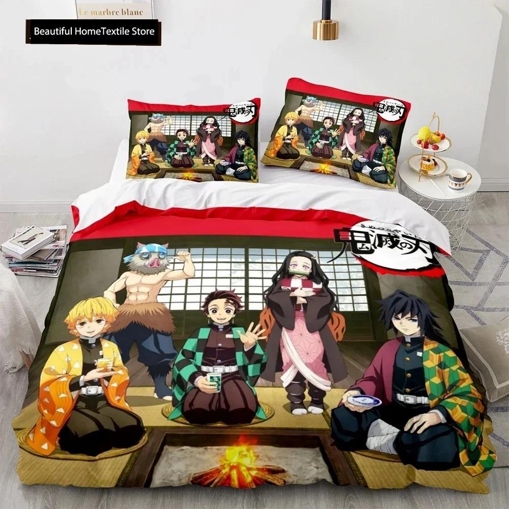 Dämon Slayer 3D-Bettwäscheset, Anime, Bettbezug, Kissenbezüge, Einzelbett, Doppelbett, Queen-Size-Bett, King-Size-Bett, Jungen, Mädchen, Jungen, Geschenk, Heimdekoration AU Queen 210x210cm