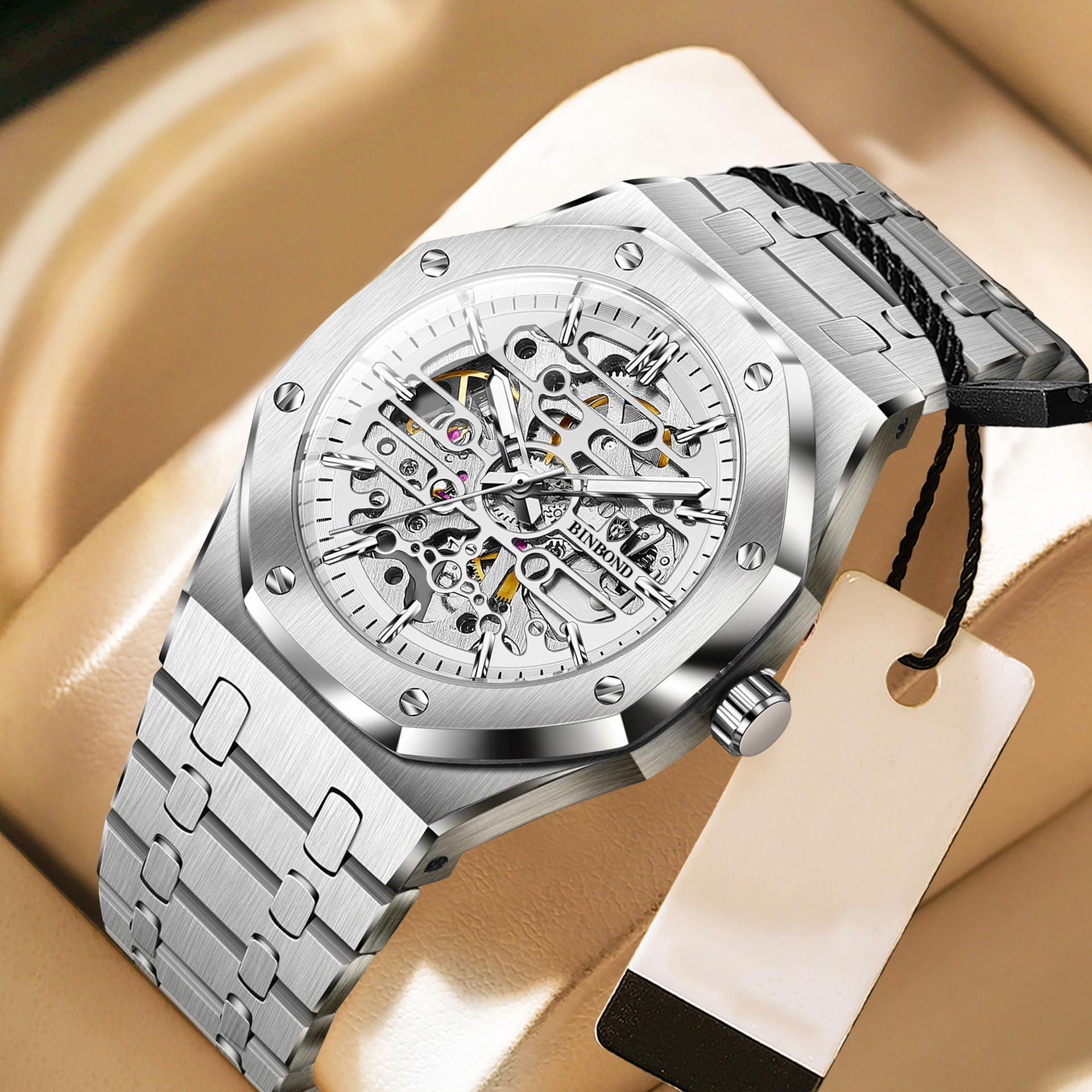 Automatische Herrenuhren Mechanische Tourbillon Armbanduhr Wasserdicht Business Edelstahl Business Herrenuhren weiß/silber