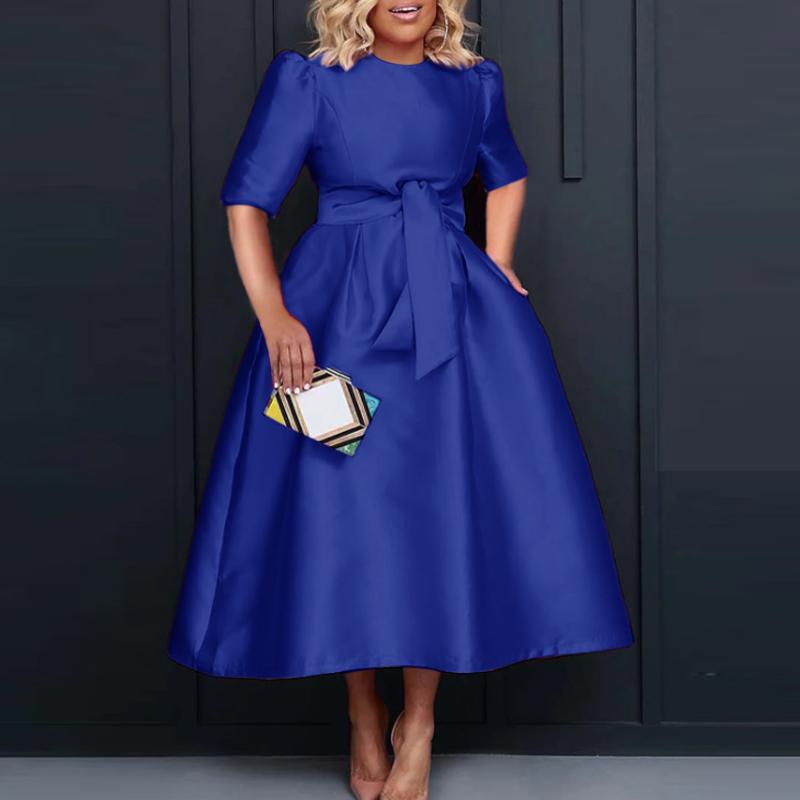 VONDA Damen Große Größe Rundhals Kurzarm Krawatte Einfarbig Lose Kleider 4XL blau