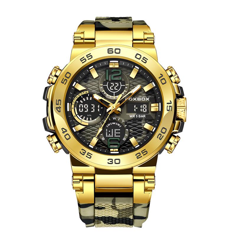 FOXBOX Herrenuhr Militär Camouflage Sport Herren Armbanduhr Dual Display Wasserdichte Herren Digitaluhr Camouflage grün/gold