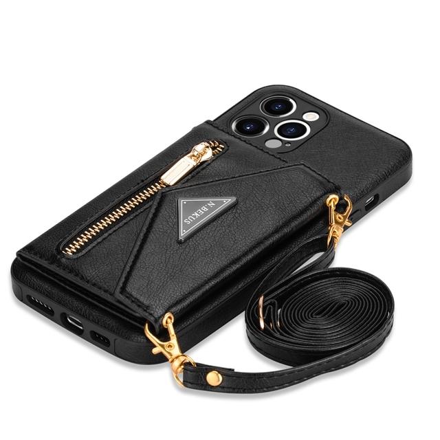 Brieftasche Seitenkarte mit /Lanyard Ledertasche für iPhone 14 Pro Max 13 Pro Max 12 Pro Max 11 Pro Max Se 2022 X Xs Max 8 7 6 6s Plus iPhone X (XS) schwarz