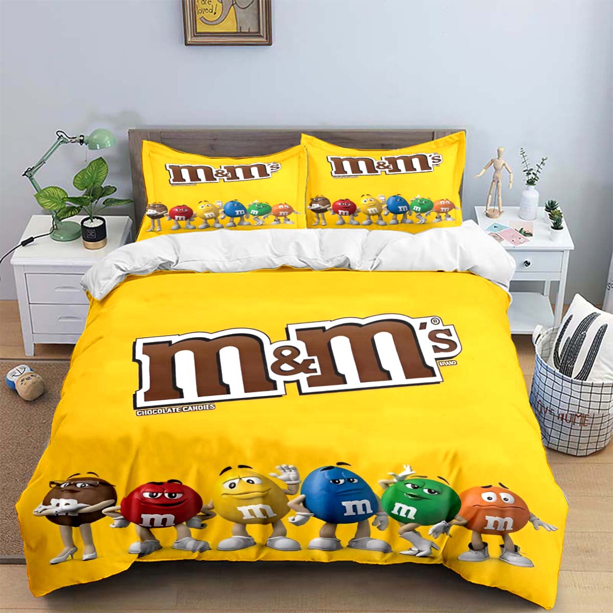 Modische M&M Schokoladen Logo Print Bettwäsche Sets Exquisites Bettwaren Set Bettbezug Bettdecke Set Bettwäsche Set Luxus Geschenk EU King(240*220cm)3pcs