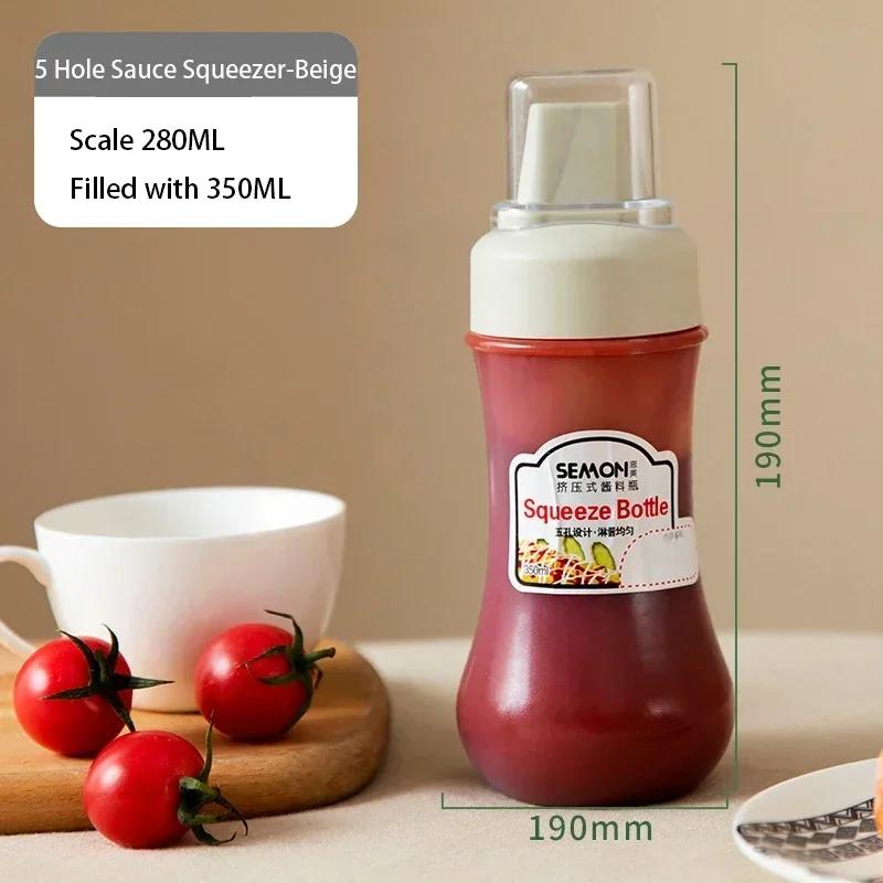 350ml 5 Loch Quetsch-Gewürzflaschen mit Düsen Plastik Ketchup Senf Saucen Olivenölflaschen Küchenzubehör white