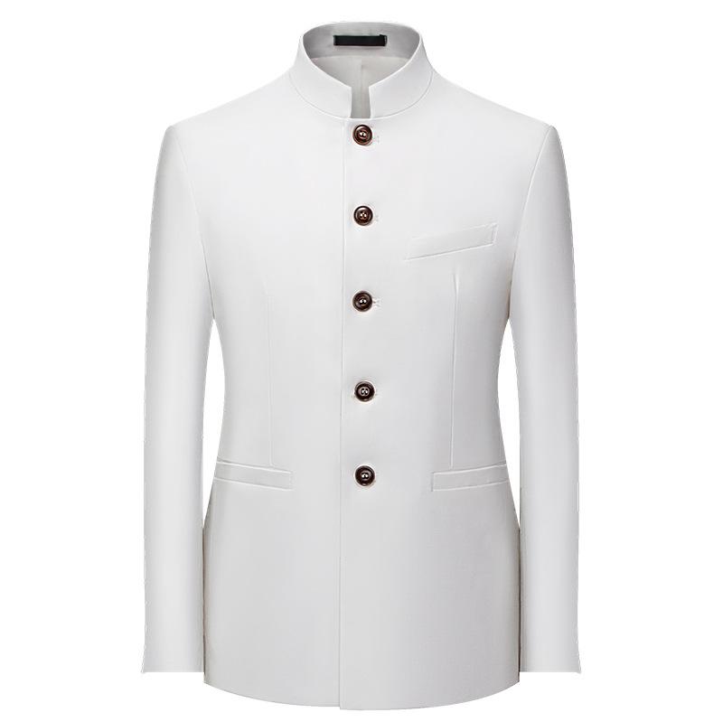 Einfarbiger Herrenanzug mit Stehkragen im chinesischen Stil, schmale Passform, Blazer, ZhongShan-Anzugjacke, chinesischer Tunika-Anzug, einteilig 5XL weiß