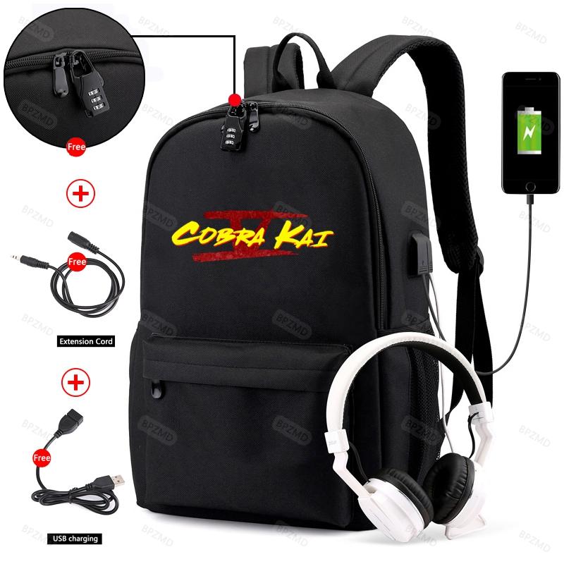Wasserdichter, diebstahlsicherer Cobra Kai 5-Rucksack für Schule, Teenager, Jungen, Mädchen, Studenten, Segeltuch-Rucksäcke, USB-Aufladung, Männer und Frauen, Reisetasche