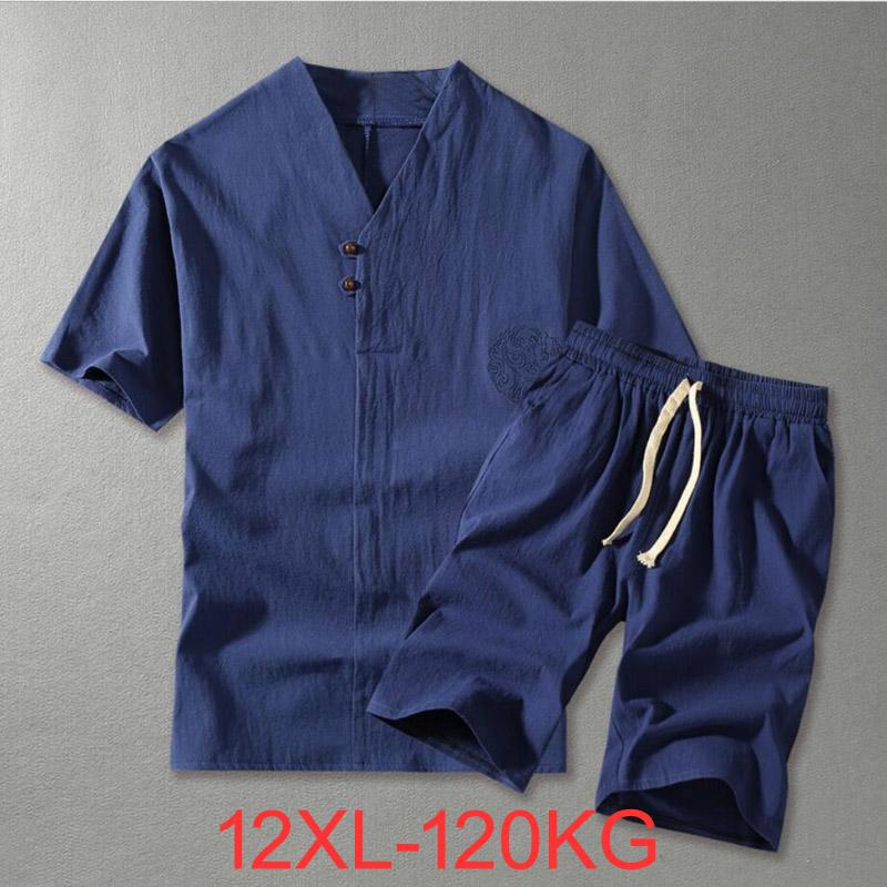Herrenbekleidung Große Größe Trainingsanzug 8XL 9XL Leinen Kurzarm-T-Shirt Sommeranzug 160kg Kleidung Trainingsanzug 5XL Baumwolle Ehemann Set XL navy blau