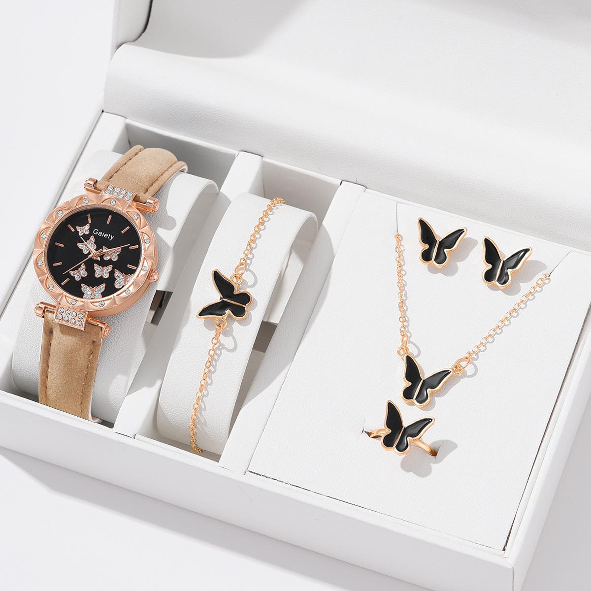 Neue 6 stücke Ohrringe Lederband Luxus Uhr Armband Damen Quarz Armbanduhr Keine Box Frauen Ring Halskette Butfltery Kristall uhr Set beige