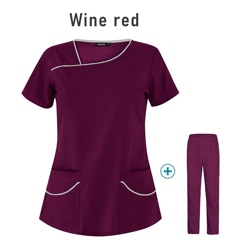 Krankenpflege-Bekleidung für Damen, Uniformen, Haustierpflege-Bekleidungsset, kurzärmeliges Oberteil mit V-Ausschnitt und Hose, Arztanzüge, medizinische Chirurgie, Arbeitskleidung L wein rot