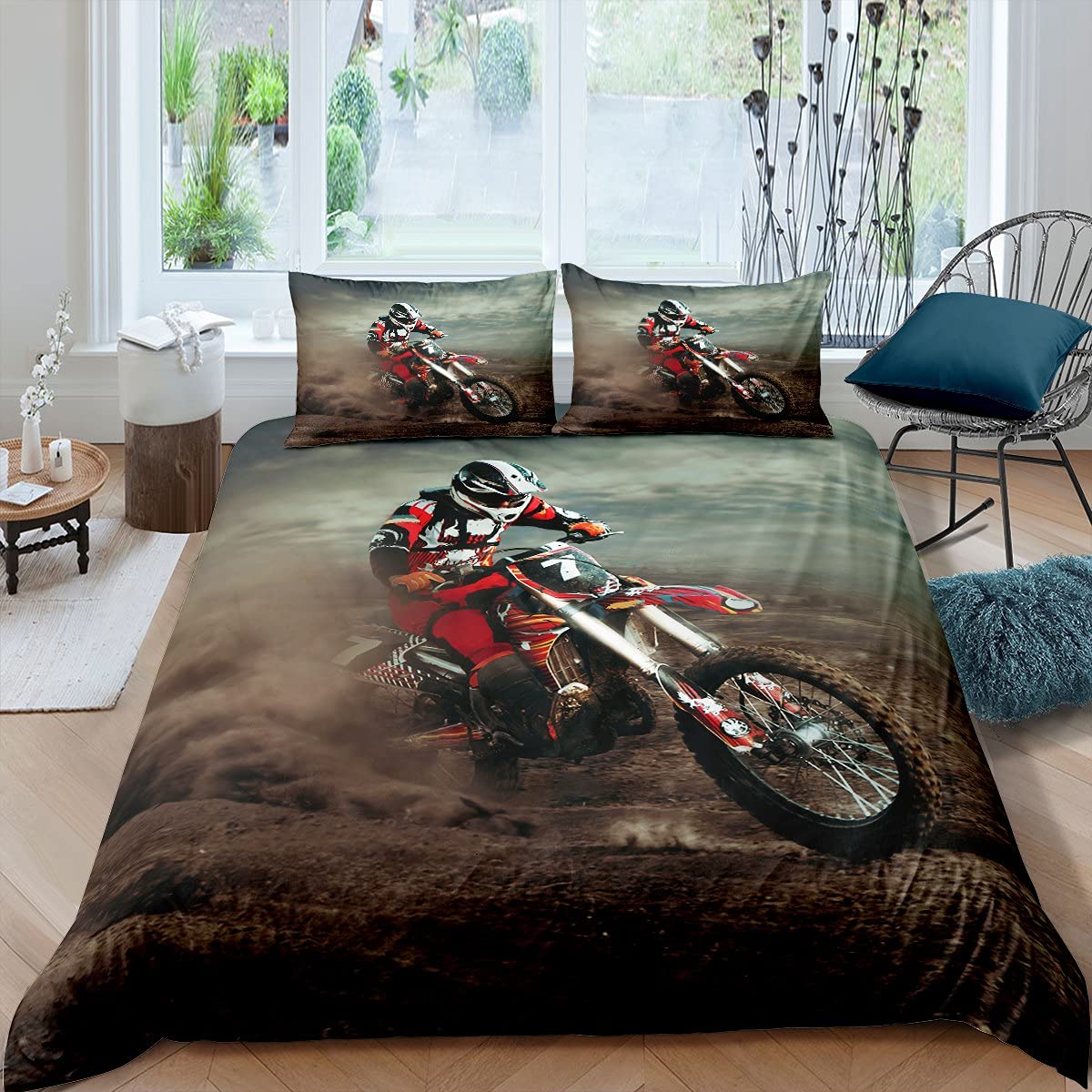 Motorrad Bettbezug Set Einzelgröße Motocross Fahrer Bettwäsche Set Rennmotorrad Dirtbike Extremsport Polyester Steppdeckenbezug EU single(135x200cm)