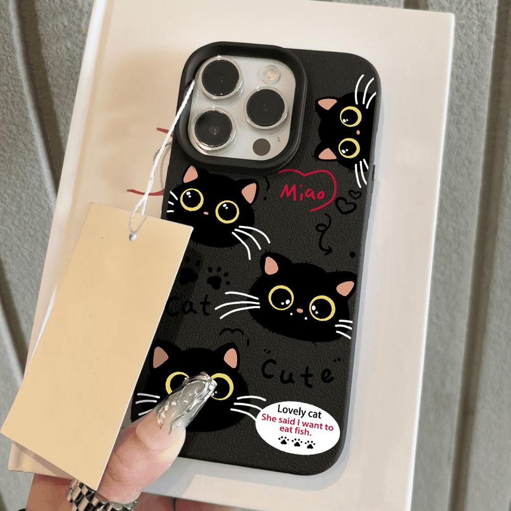 Niedliche Schwarze Katze Handyhülle Für iPhone 16 Pro Max Hülle iPhone 13 11 15 12 14 Pro Max Plus Silikon Stoßfest Matt Leder Cover For iPhone 14 Plus black