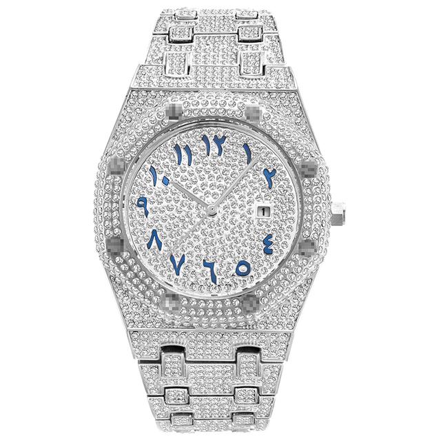 Hiphop einzigartige arabische Herrenuhren Datum Quarz Armbanduhr Gold Silber Edelstahl Luxus Diamant Uhr für Männer Schmuck silber