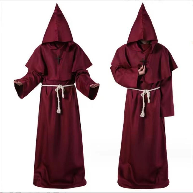 Mönch Robe Mittelalter Mönch Mönch Priester Mit Kapuze Robe Umhang Halloween Tunika Mit Kapuze Uniform Mönch Kostüm Cosplay Kostüm S wein rot