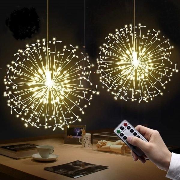 LED-Löwenzahn-Feuerwerk aus Kupfer, 8 Modi, dimmbare Lichterkette mit Fernbedienung, hängende Starburst-Lichter für Partys zu Hause 200LEDS