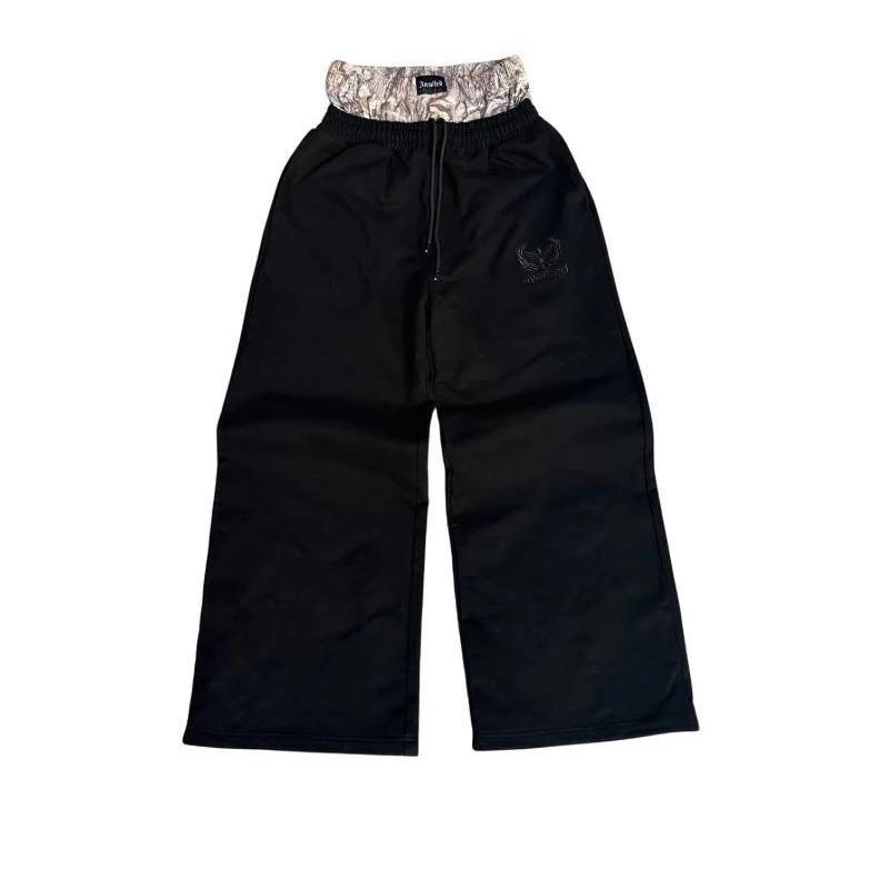 Herren Casual Streetwear Unisex Baggy Hosen Y2K Retro Jogginghosen Doppelbund Besticktes Muster Weitbeinige Hosen L schwarz