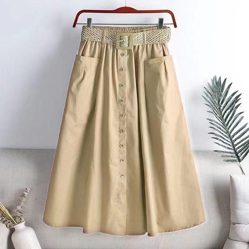 Baumwolle Midi Rock mit Gürtel Frauen Einreiher große Taschen hohe Taille A-Linie Rock Herbst Sommer koreanische Mode langen Rock L khaki