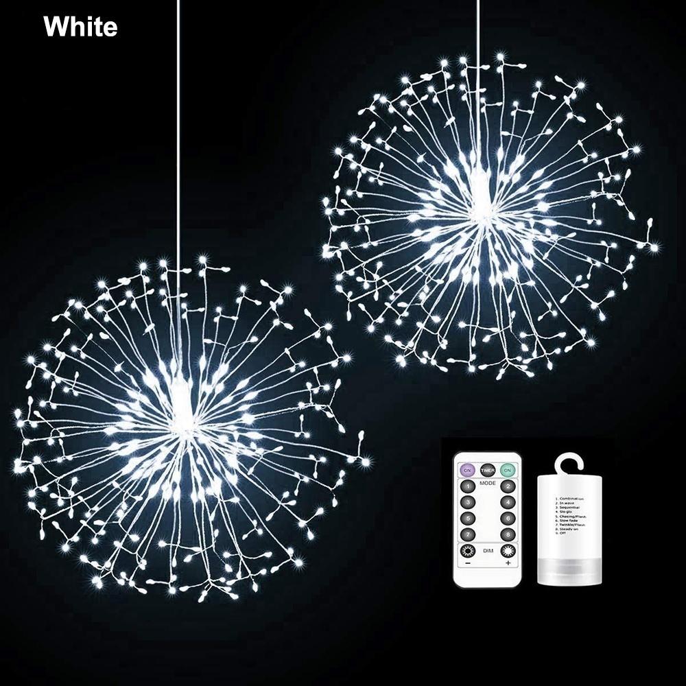 LED-Löwenzahn-Feuerwerk aus Kupfer, 8 Modi, dimmbare Lichterkette mit Fernbedienung, hängende Starburst-Lichter für Partys zu Hause 120LEDS weiß