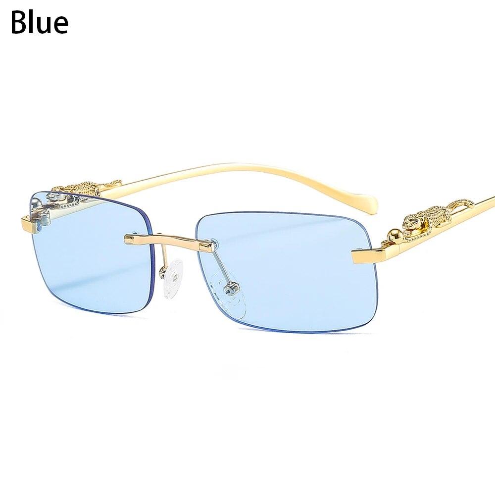Randlose Rechteckige Sonnenbrille Retro Klare Ozeanlinse Sonnenbrille Geparden Dekoration Shades UV400 Brillen für Damen Herren blau