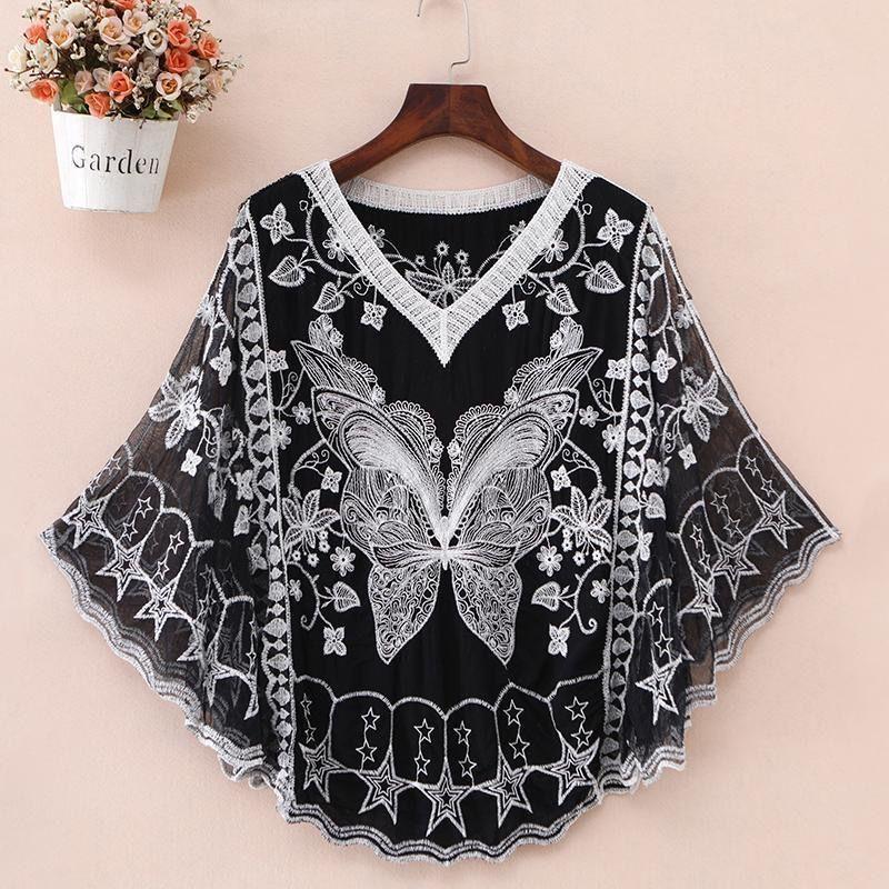 Besticktes Spitzen-Oversize-T-Shirt mit Glockenärmeln, Sonnenschutzkleidung, Bluse für Damen, Fledermausärmel-Bluse, Sommer One size schwarz