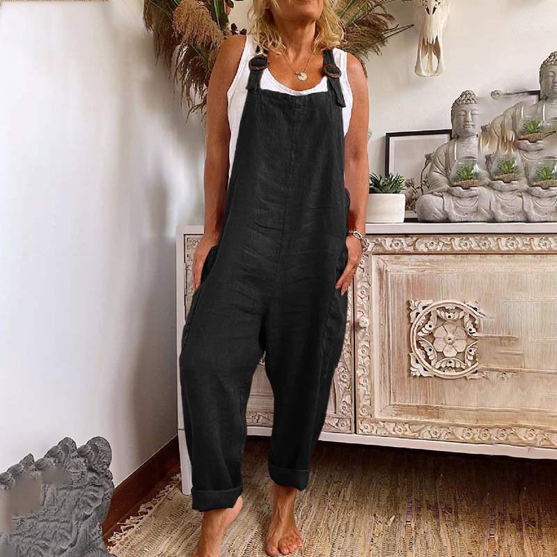 Jumpsuit mit weitem Bein für Damen, verstellbarer Knopf, Baumwolle und Leinen, mit Tasche, Arbeitskleidung S schwarz