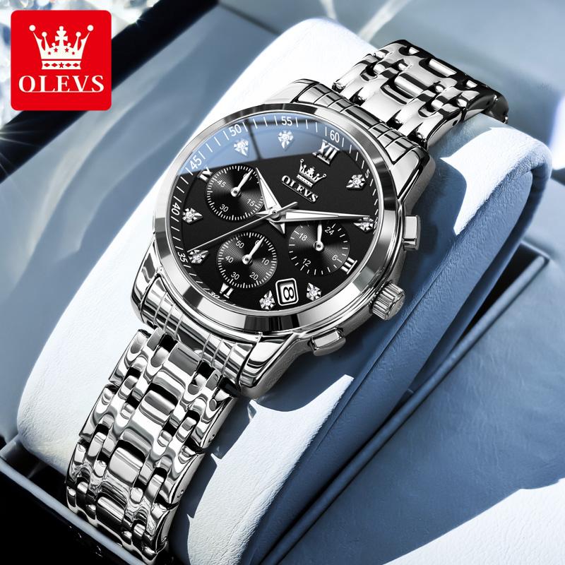 OLEVS Damenuhr Original Elegant Multifunktion Quarz Armbanduhr Wasserdicht Edelstahl Damenuhren Geschenke schwarz/silber