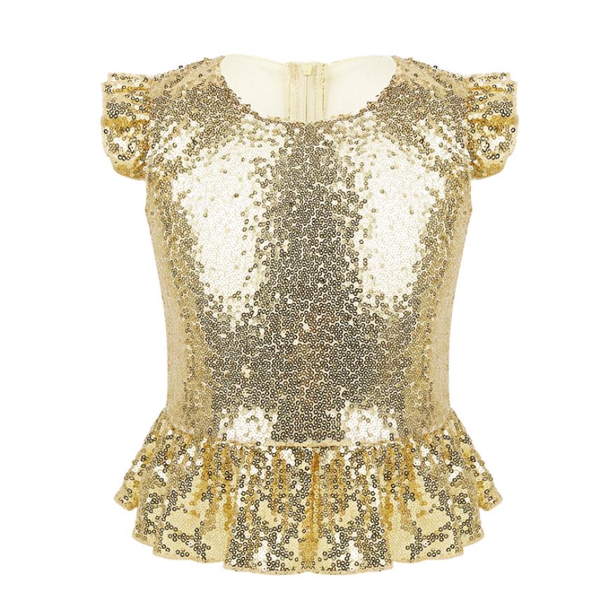Mädchen Party Crop Tops Meerjungfrau Kostüm Pailletten Rüschen Sparkle Tank Top Weste für Halloween Karneval Geburtstag 3-4 Years gold