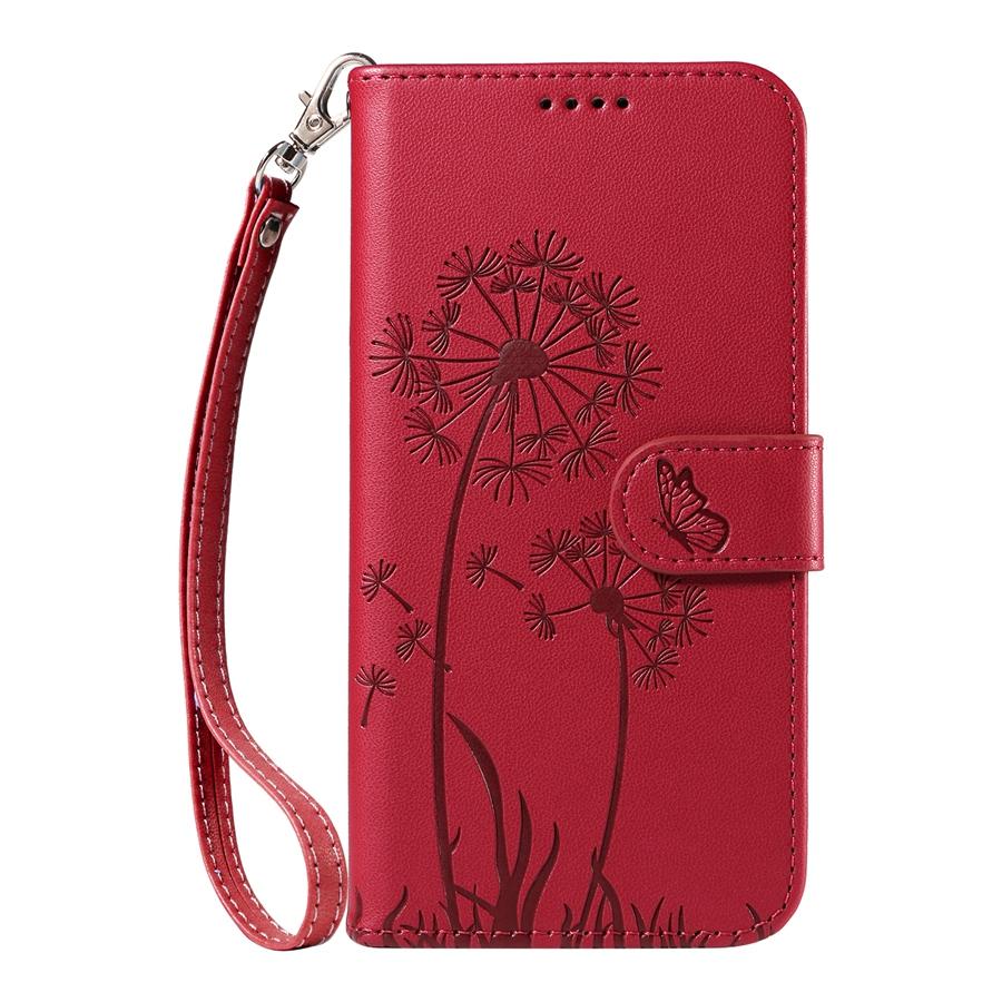 Geprägtes Löwenzahn Premium Leder Handyhülle für iPhone 16 15 14 13 12 11 16 Plus 16e 16 Pro Max 15 Plus 14 Pro XR 7 8 Plus Brieftasche mit 2 Riemen iPhone 15 Pro Max rot