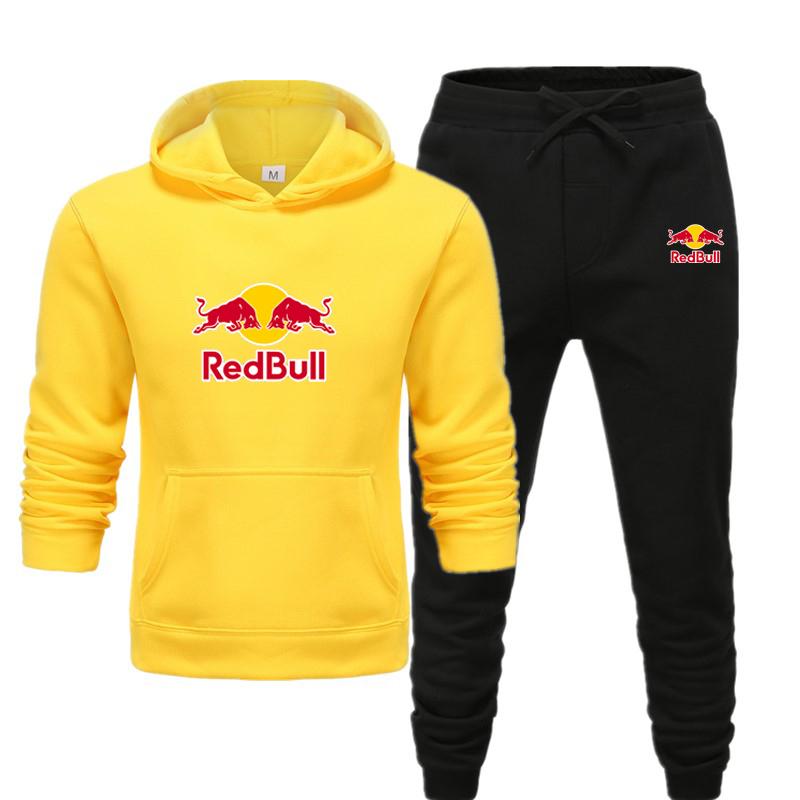 Red Bull Herren/Damen Sportbekleidungssets Frühling Herbst Marke Kapuzenpullover Freizeit Trainingsanzug Herren 2-teilig Kapuzenpullover + Hose Herren Kleidung L gelb