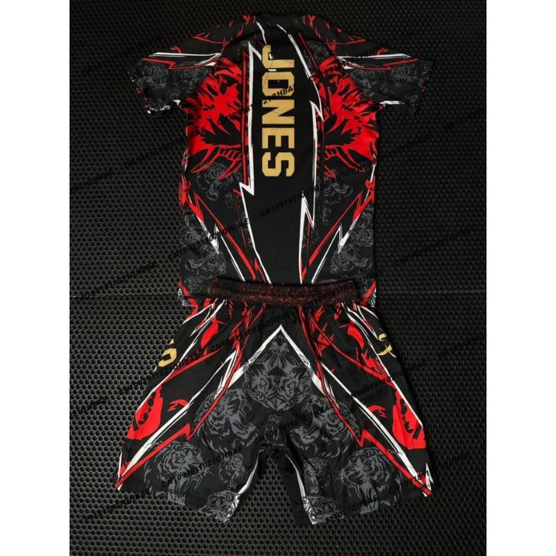 Sommer Oberteil Boxer MMA Achteckiger Käfig Jon Jones T-Shirt Shorts Set Herren Sport Training Lauf Set Schnelltrocknend Kampf Set L black