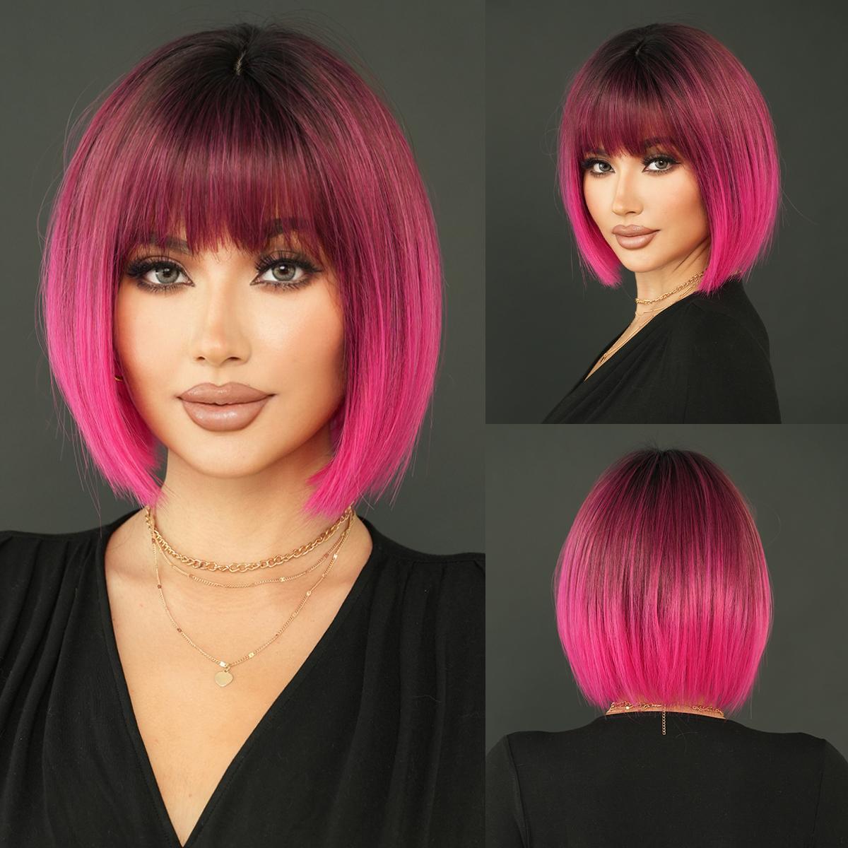 Professionelle Perücken, synthetische, kurze, glatte, aschbraune Bob-Perücke für Frauen, hochdichte, geschichtete, gestreifte blonde Haarperücken mit ordentlichem Pony