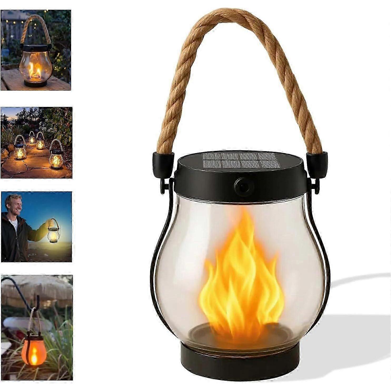 Solar-Laterne Außenleuchten, Tanzende Flamme Solar-Laterne Außenleuchten, Hanfseil Hängende Flammenlampe, für Camping Weg Garten Hof Dekoration 2pcs