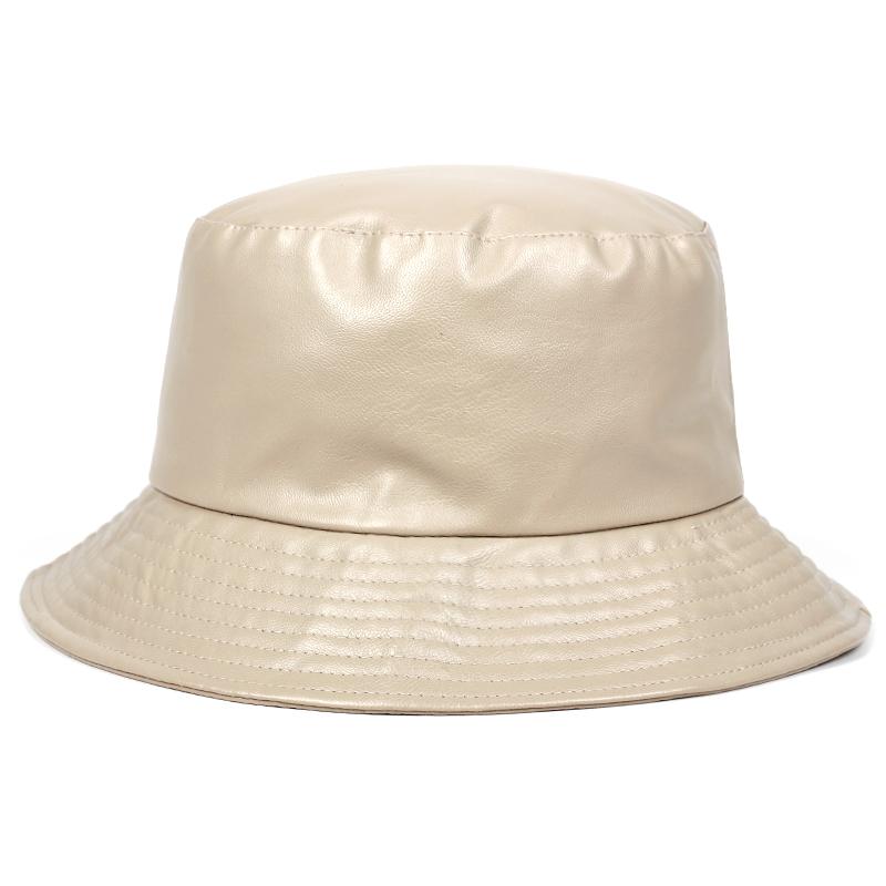 Bucket Hat Kunstleder Bucket Hats PU-Leder Solid Top Herren- und Damenmode Bucket Cap Panama Fisherman Caps beige