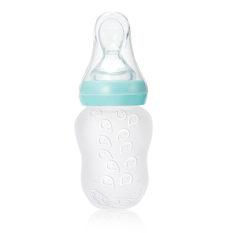 Baby-Reis-Müsli-Flasche mit breiter Öffnung, Reis-Müsli-Flasche mit weichem Kopf, Silikon-Reis-Müsli-Flasche, Babynahrungslöffel, Fütterungslöffel 180ML (opp pack) blau