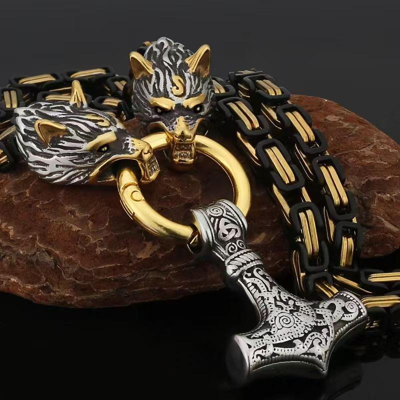 Wikinger Wolfskopf Halskette Mit Mjolnir Anhänger Zweifarbig Herrenschmuck Nordisch 70cm black