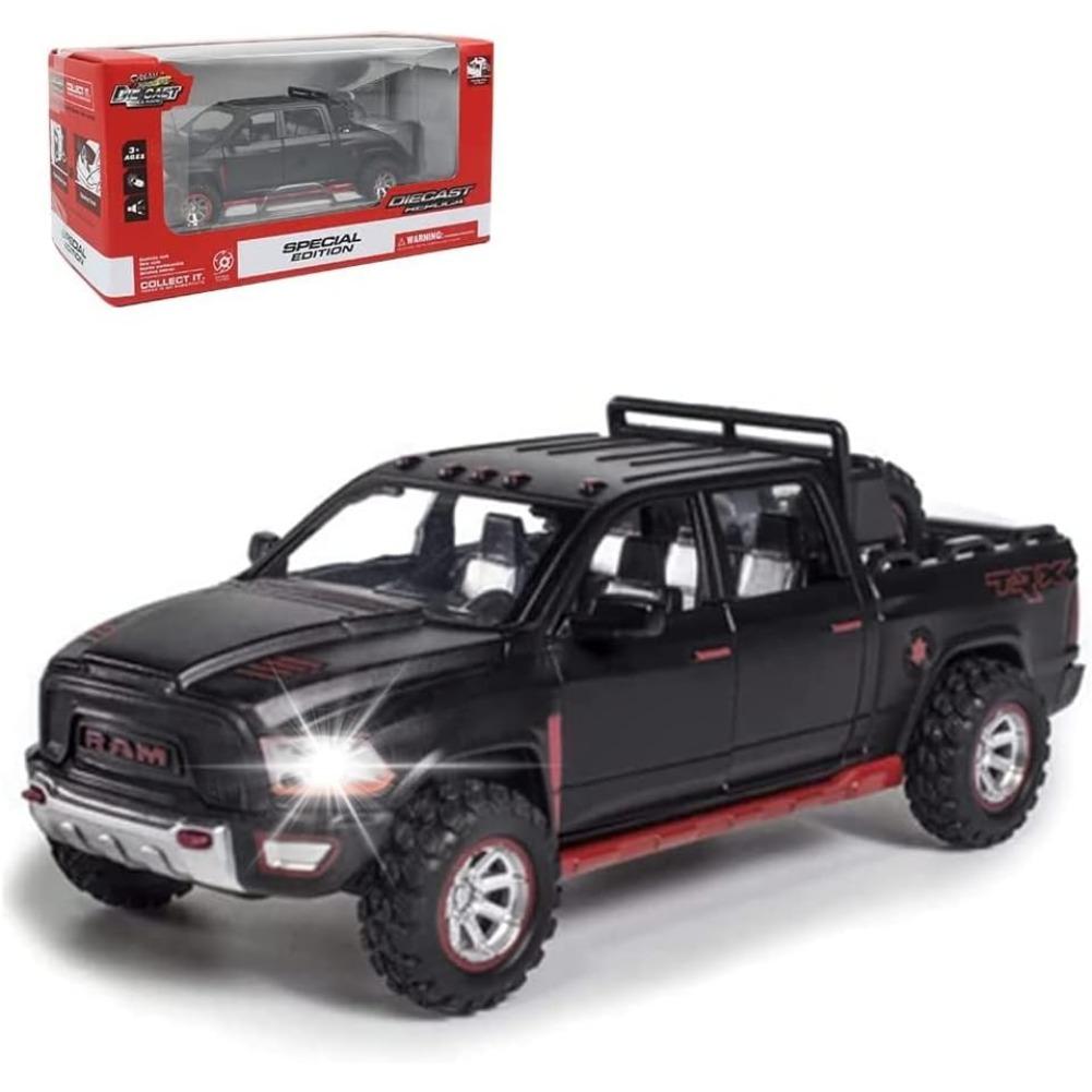 1/32 Automodell aus Legierung, Dodge RAM TRX 1500, Pickup-Truck-Spielzeug aus Metalldruckguss, Modellautos mit Rückziehfunktion, mit Licht und Sound für Kinder, Geburtstagsgeschenke etc. 1/32-Size:17.5*7*5.7cm schwarz
