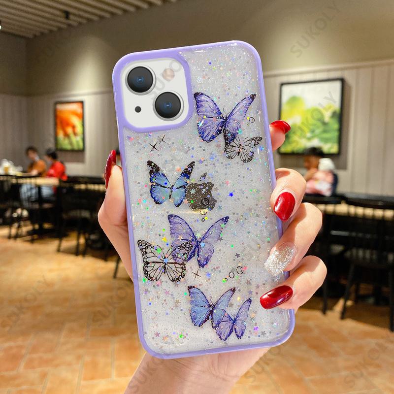 Süße Schmetterlings-klare Telefonhülle für iPhone 16 Plus 15 Pro Max 14 Pro 13 12 Mini-Hüllen Epoxy Soft für iPhone 11 Xr Xs Max X 7 8 Plus Fundas Coque Cover iPhone 13 Pro violett